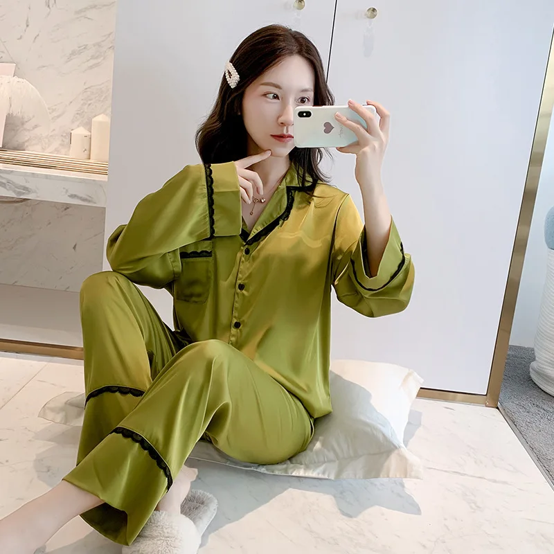 

Casual Satin 2PCS Pajamas Set Women Sleepwear Soft Nightwear Lounge Wear 2021 New Shirt&Pants Pyjamas Lace Intimate Lingerie