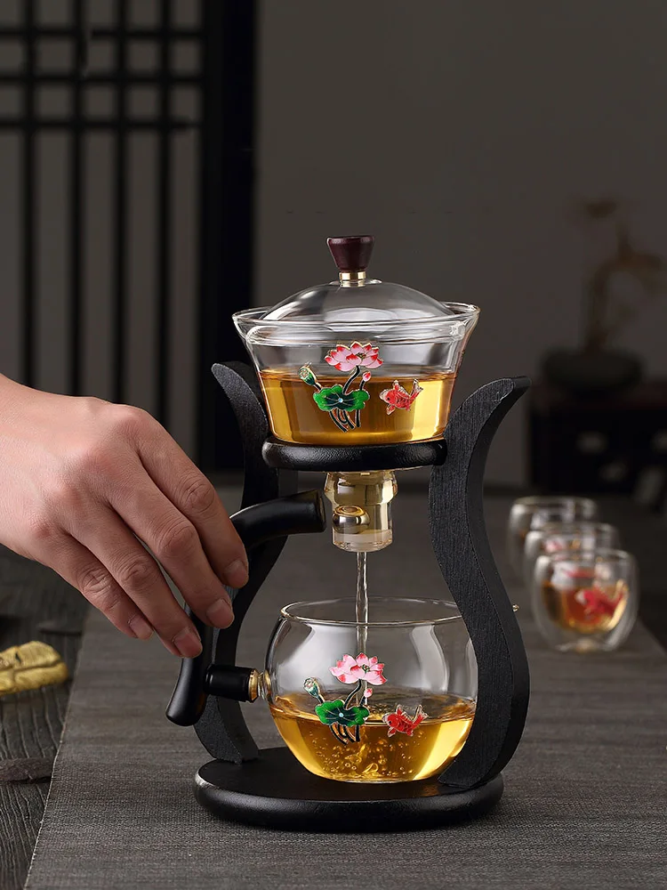 

Glass Enamel Semi-automatic Tea Set Wood Holder Kungfu Teacups Lazy Drinkware Anti-scald Tureen Business Office Drinking Utensil