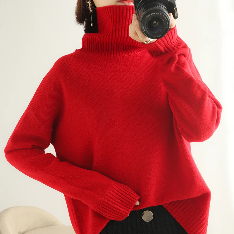 

Женский пуловер с высоким воротником, однотонный кашемировый свитер из 2021-ной шерсти, Осень-Зима 100%