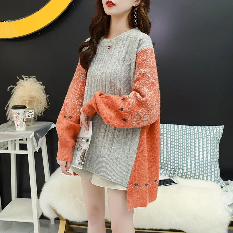 

Korean Oversized Loose Mid Long Patchwork Pullover Sweater Women Knitwear Autumn Winter Thick Warm Knitted Sweaters Tops Female