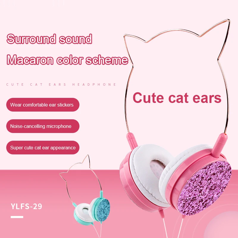 

New Cute Cat Ear Wired Headphone With Microphone Girls Music Stereo Earphone 3.5mm Led Light Computer Gamer Headset Kids Gift