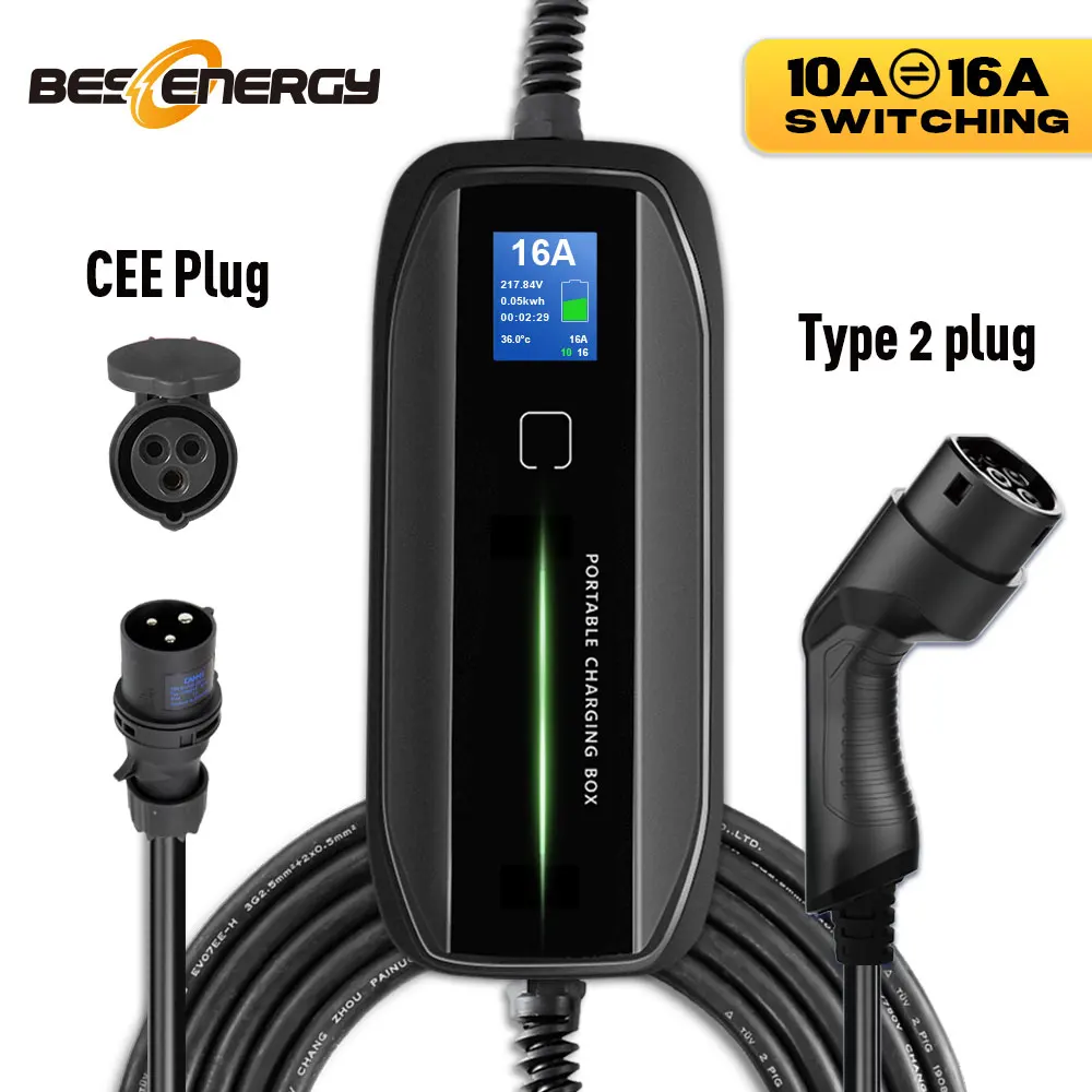 

EVSE Type 2 Portable EV Charging Box Cable Switchable 10/16A CEE Plug Electric Vehicle Car Charger 3.6KW with Holder IEC 62196-2