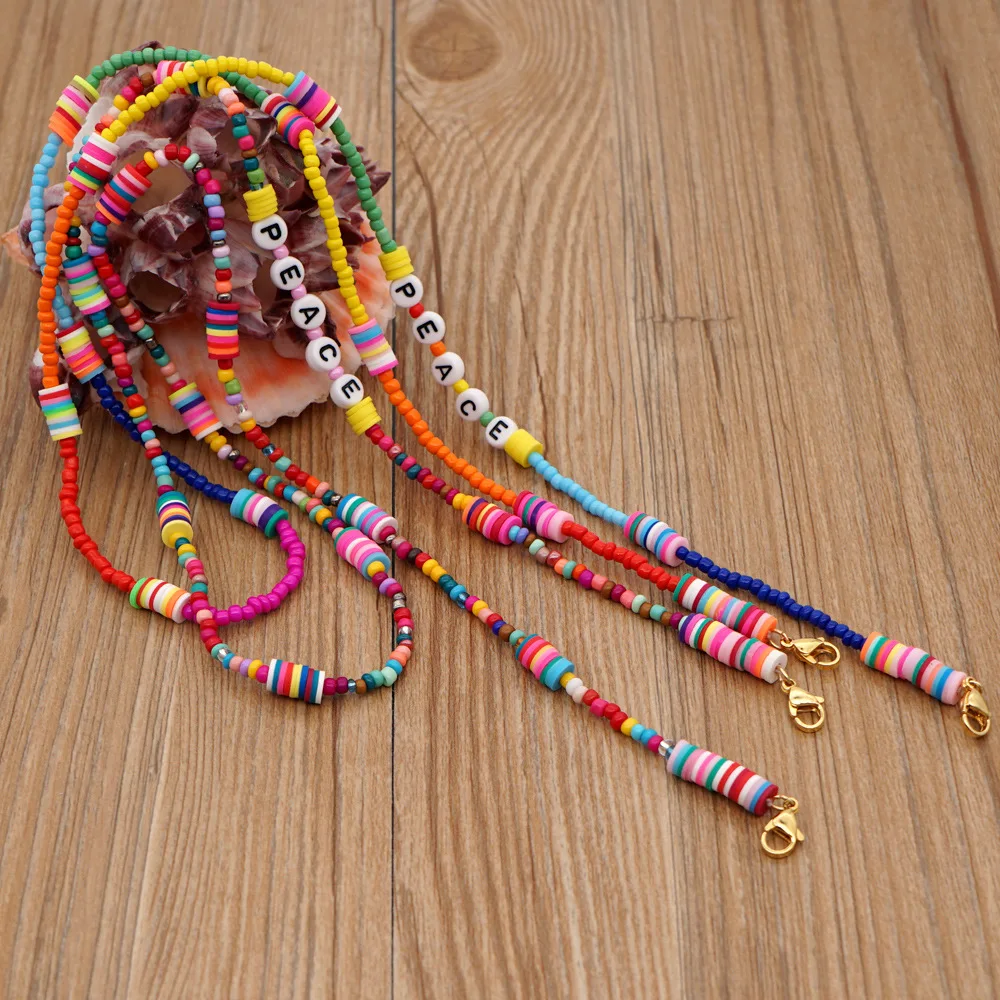 

Multifunctional Beaded Mask Chain Lanyard Rice Beads Non-slip Glasses Chain Color Soft Pottery PEACE Letter Necklace Female