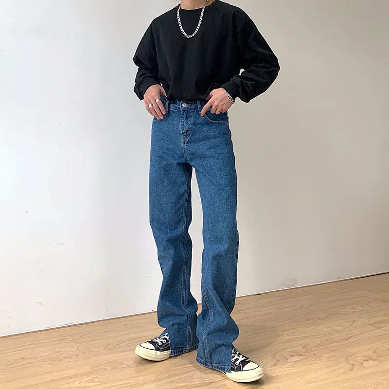 

Dark Blue Cropped Slits Jeans for Men Hip Hop Streetwear Pants Women Boyfriend Baggy Jeans Straight Wide Leg Trousers Denim