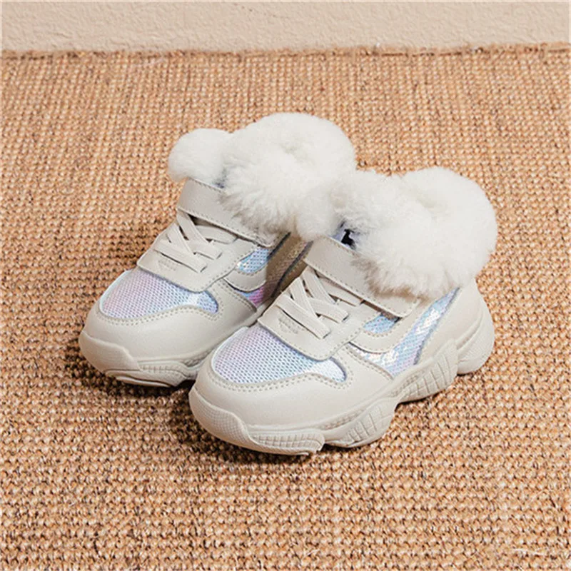 Scsech/зимние ботинки для девочек детские кожаные кроссовки с блестками плотные