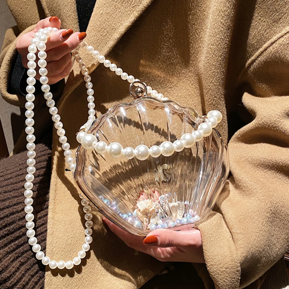 Fashion Acrylic Shell Evening Bags for Women Clear Pearl Chain Ladies Shoulder Crossbody Bag 2021 New Party Purse and Handbags