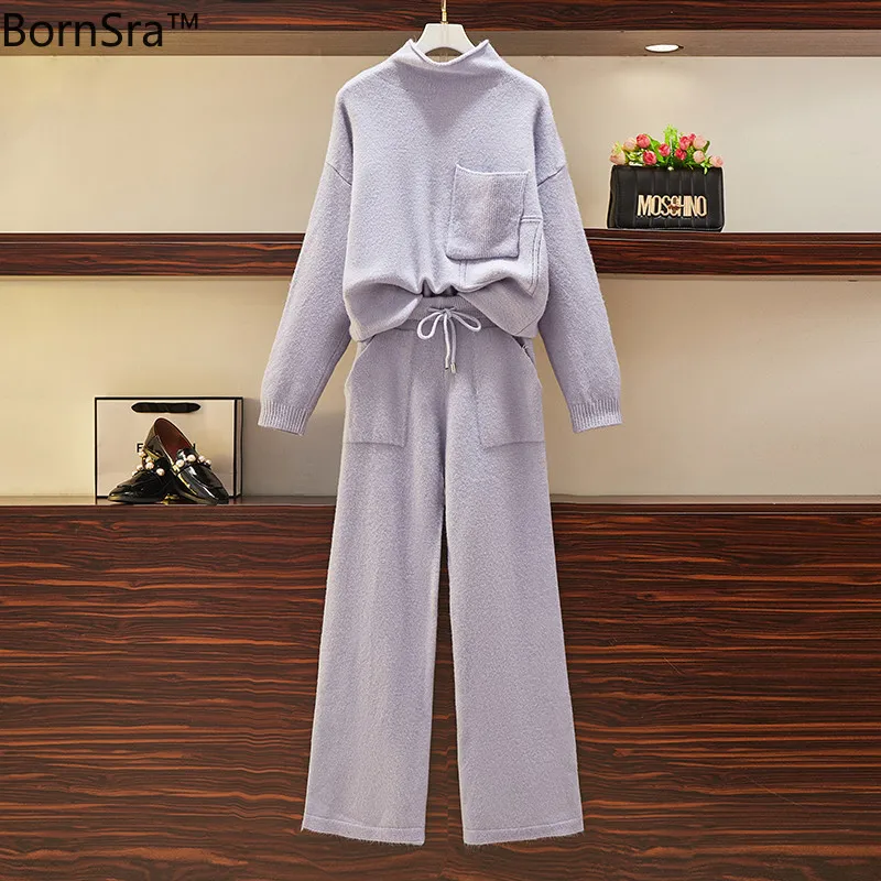 

Bornsra women tracksuit winter knit 2 piece set pocket elastic waist pants suit long sleeve turtleneck sweater plus size 4XL