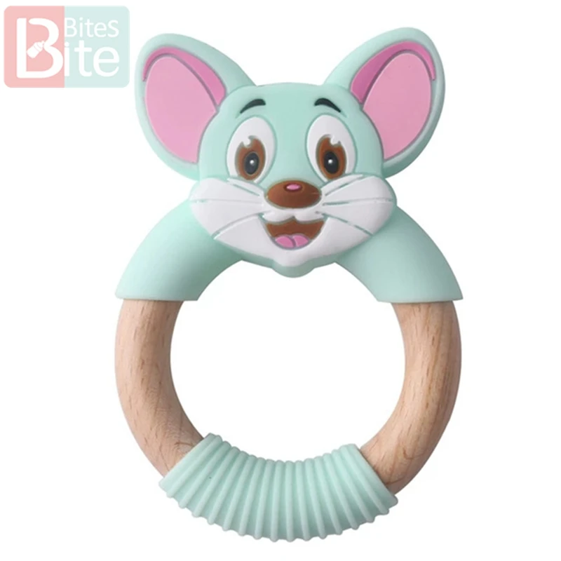 Mint Mouse 1 шт. Детские трофеи силиконовые мыши грызуны Силиконовые Прорезыватели деревянные кольца деревянный Прорезыватель коляска белка для детей товары игрушки - Цвет: Mint Mouse