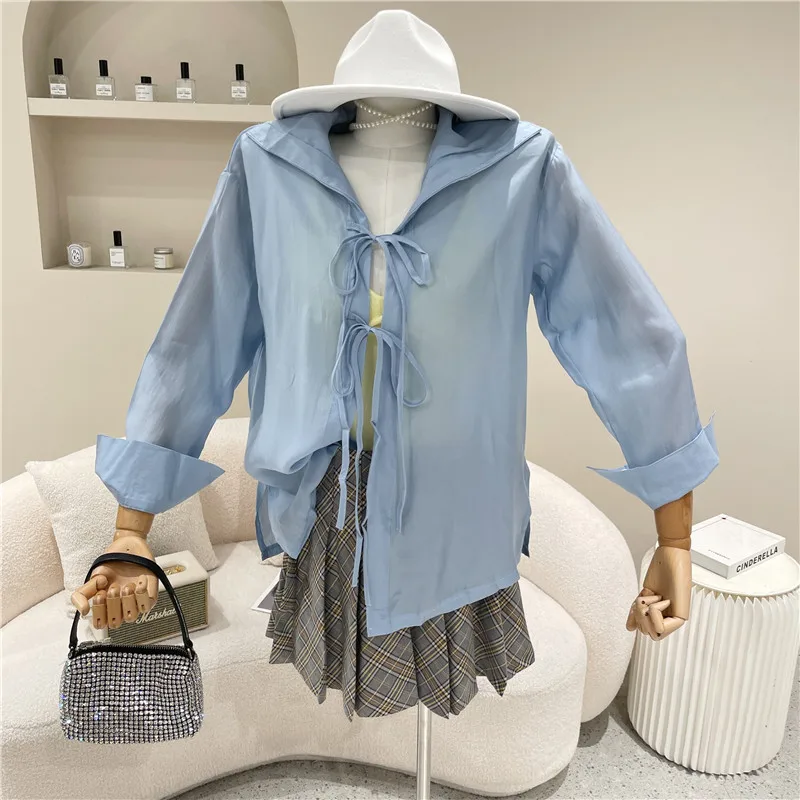 

Niche Design New Women's Clothing Summer 2021 Fashion Design Long Sleeve Shirt Loose Thin Bandage Sunscreen Shirt Top