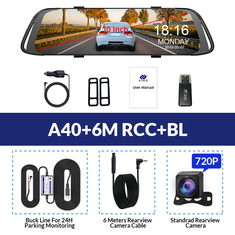 A40-6M RCC- BL E-ACE Автомобильный видеорегистратор 2K поток медиа зеркало заднего вида сенсорный FHD 1080P двойной объектив видео рекордер ночного видения авто регистратор Dashcam - Название цвета: A40-6M RCC- BL
