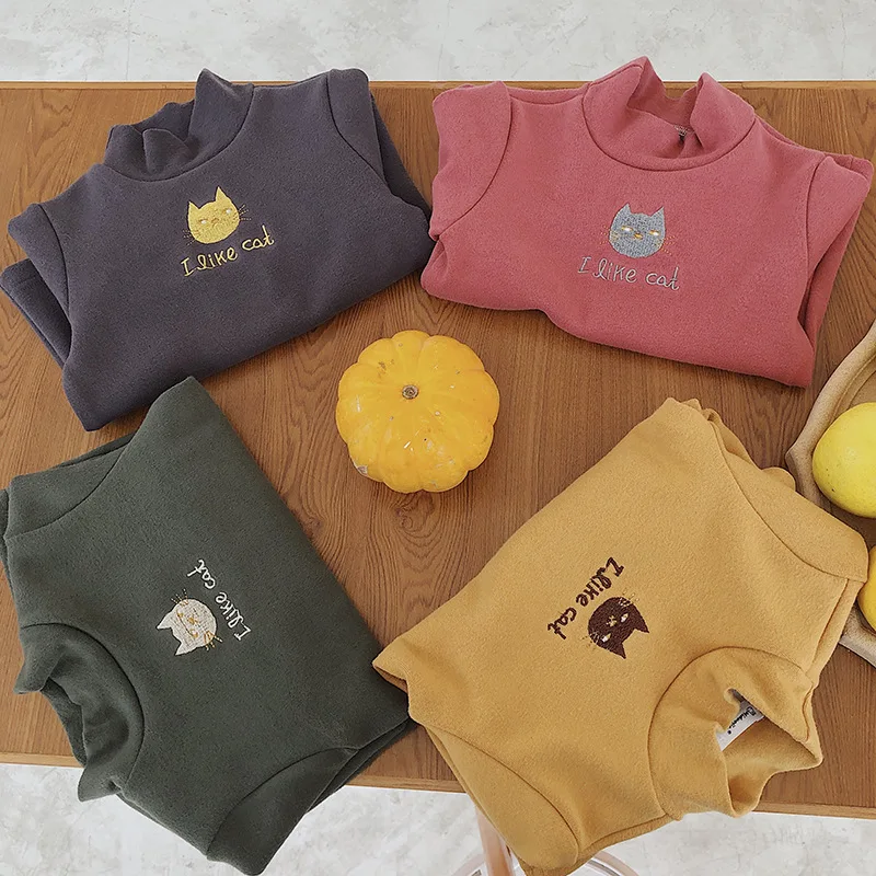 Зимние Детские футболки с вышитым котом подкладкой из флиса Теплые Топы 4 цветов