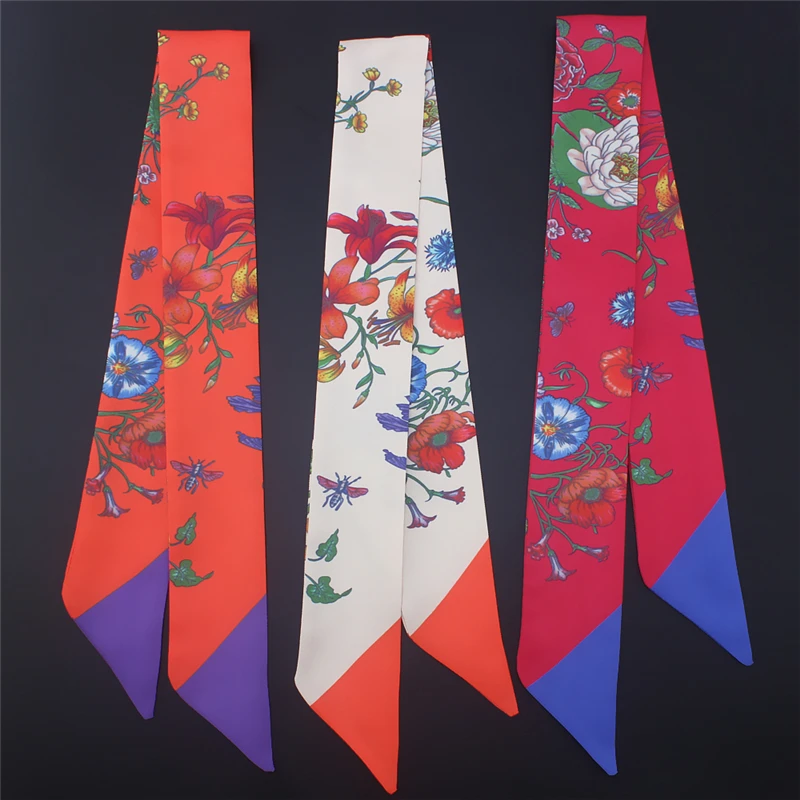 Женский длинный шелковый шарф элегантный шейный платок с цветочным принтом