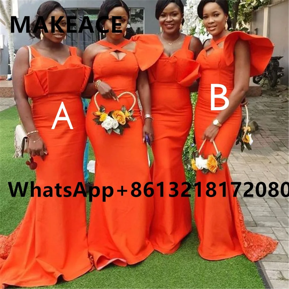 

Orange Mermaid Bridesmiad Dresses Long 2022 Africa Girls Floor Length Formal Women Wedding Party Dress