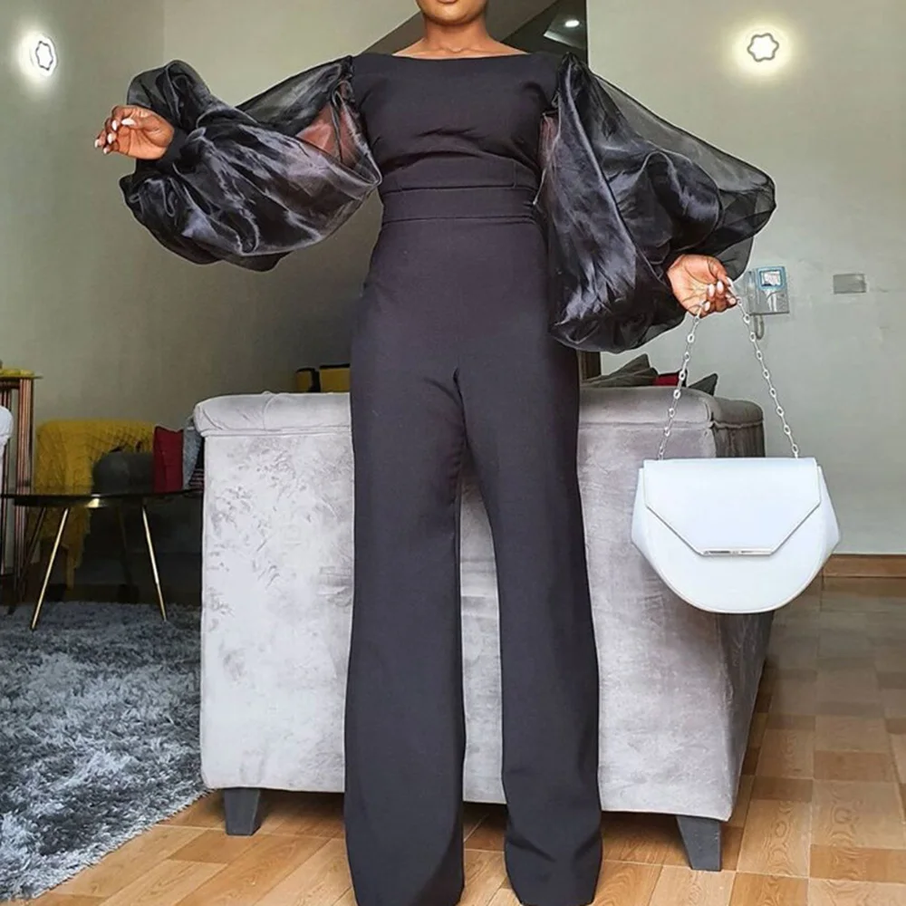 

Elegant Plus Size Jumpsuit Women Office Party Overalls Sexy Mesh See Through Lantern Sleeve Black Fashion Oversize Jumpsuits new