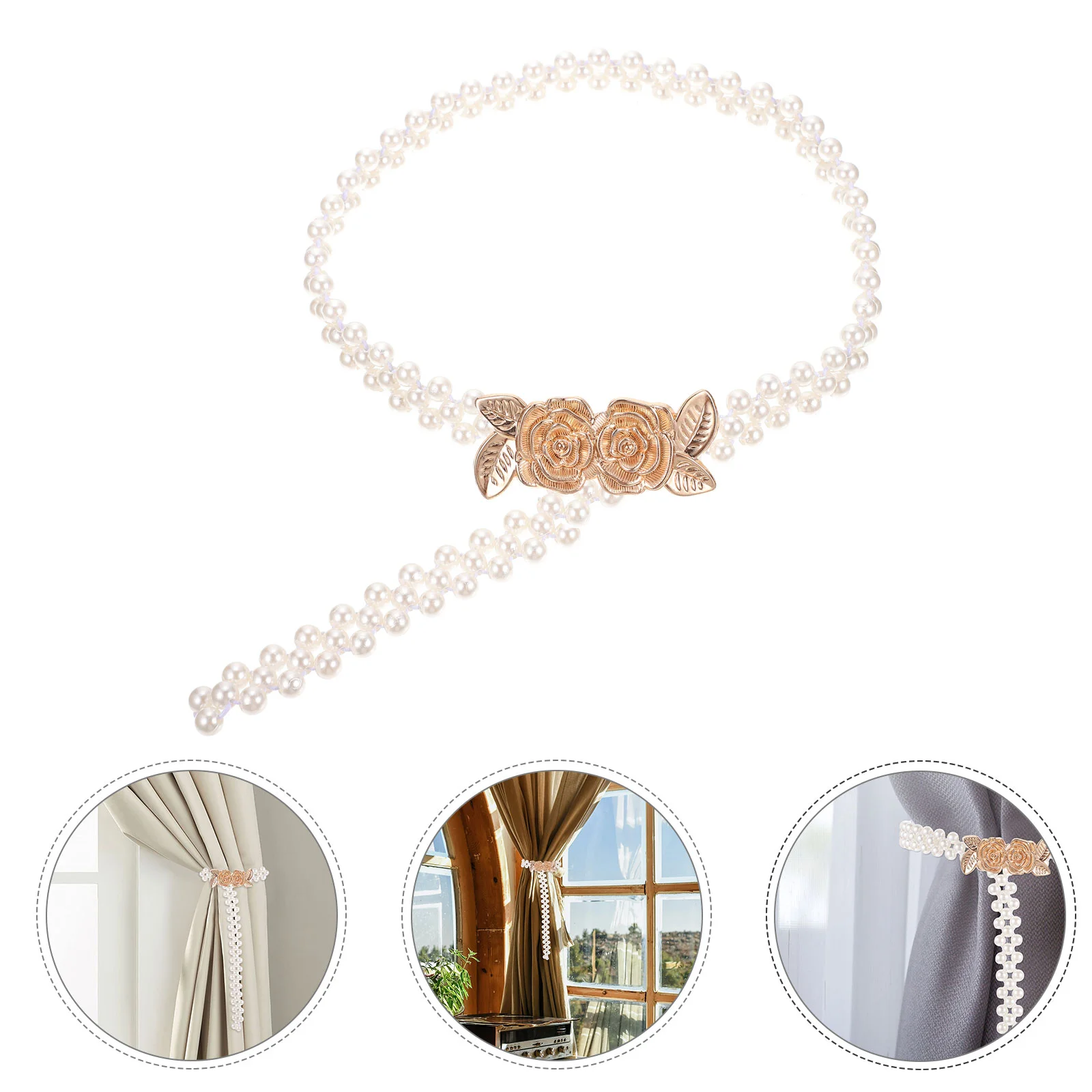 

2Pcs Curtain Double Flower Pearl Decoration Simple Strapping Elastic Belts White
