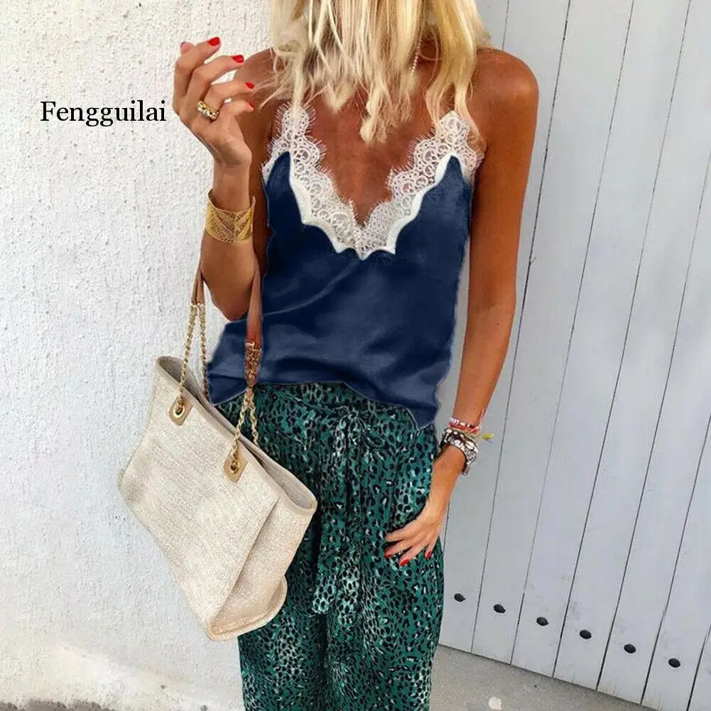 

2020 Casual Women Sexy Silk V Neck Lace Vest Tank Vest Blouse Tops