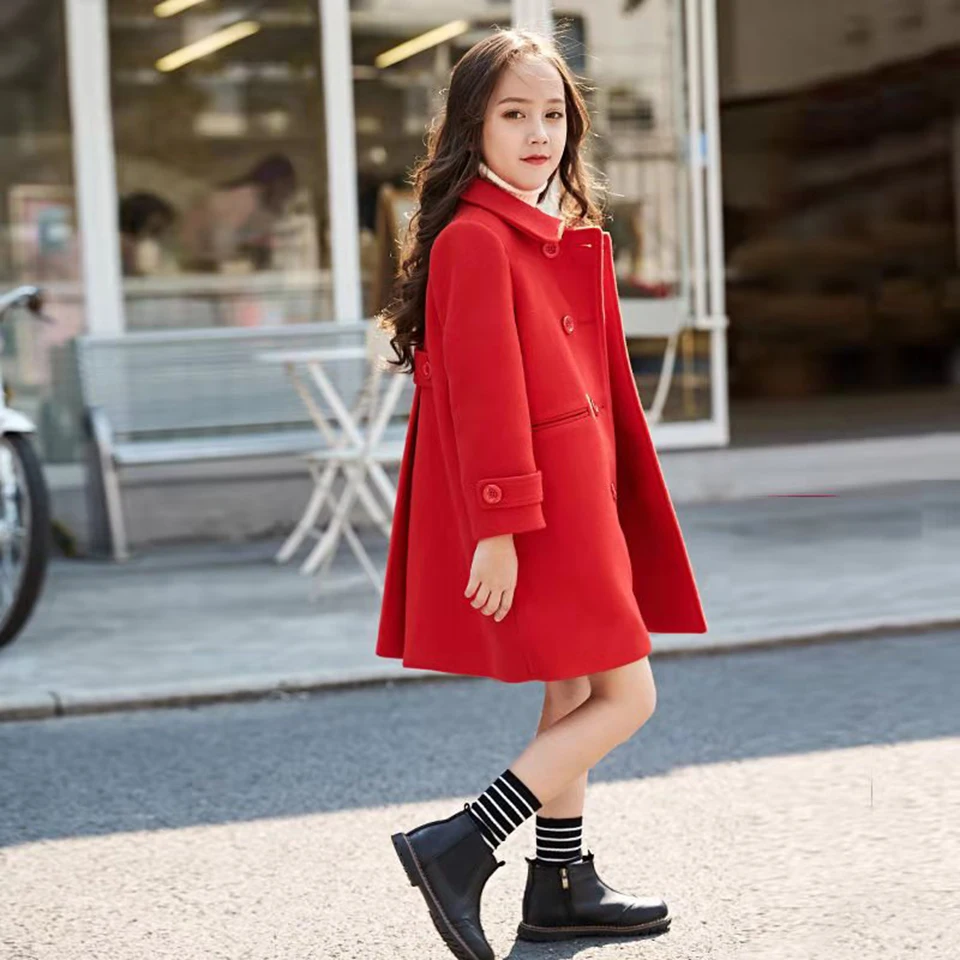 Baby Girls Red Wool Jackets Coats 2020 Autumn Winter Outwear Kids Girls Clothes Children Long Sleeve Coat Size For 120-160 Cm