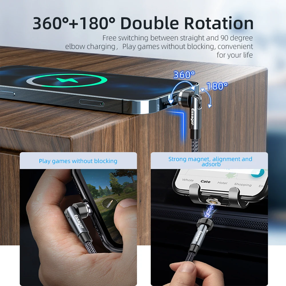 Магнитный кабель Essager с поворотом на 540 градусов 3 А Micro USB Type-C для быстрой зарядки