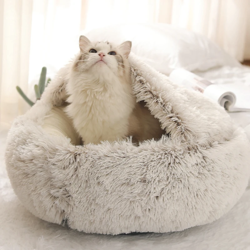

2021 зимняя длинная плюшевая кровать для питомца, круглая подушка для кошки, домик для кошки, теплый корзина для кошек, спальный мешок для коше...