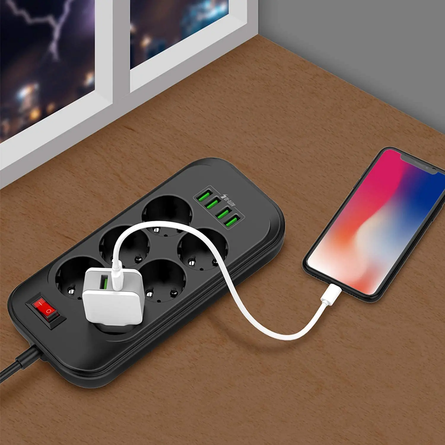 

Power Strip, 6 Outlets 4 USB Charging Ports 2500W Power Strip Flat Plug, 2M Extension Cord, for Home, Office, Computer, TV