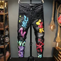 mens four seasons fit wash black graffiti print tight fitting stretch casual fashion joint go all rig small foot jeans