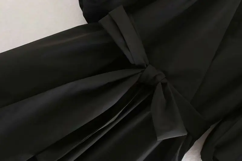 

2019 Spring Summer Party Dress Black Loose Midi Dress Sashes Bow Half V-neck Women Long Dress Street Casual Puff Sleeve