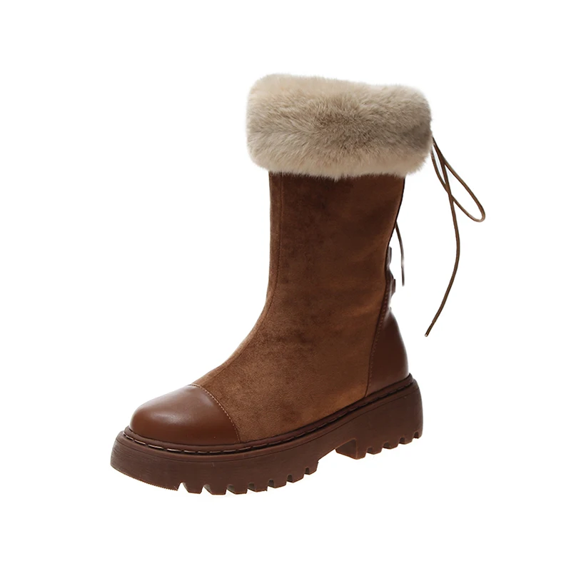 

2021 Winter New Casual Furry Boots For Women Round Head Slip-On Mid Tube Martin Boot Fashion Keep Warm Square Heel Shoes Woman
