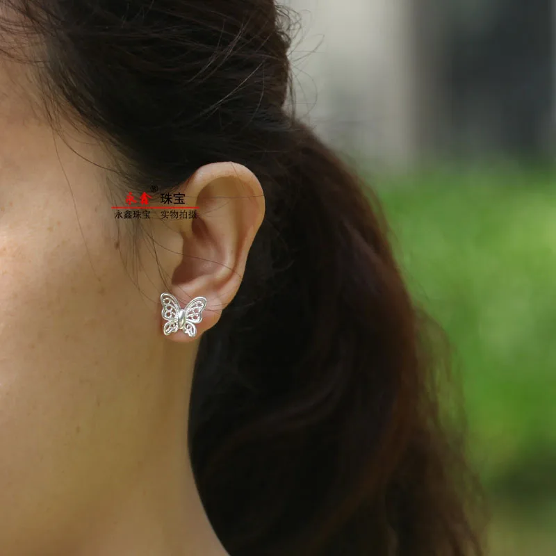 

999 Pure Silver Stud Earrings Sterling Silver Women's Elegant Brushed Hollow Butterfly Earrings Exaggerated Hook Studs Silver Ac