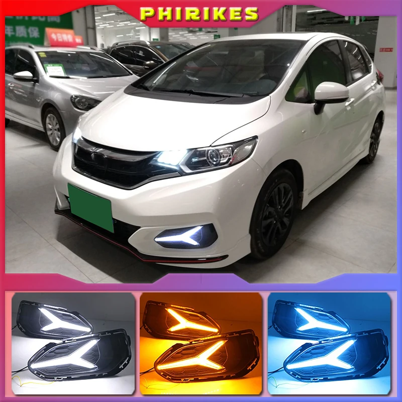 

Светодиодный ные дневные ходовые огни для Honda Jazz fit 2018-2020 светодиодный ные дневные ходовые огни, противотуманные фары с функцией поворота, Стайлинг автомобиля