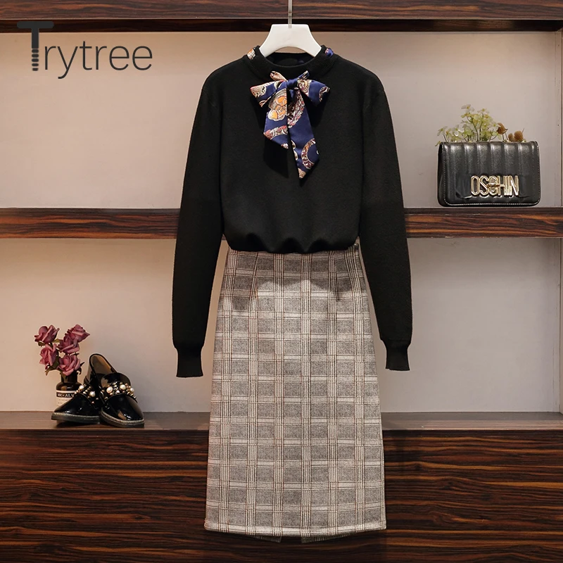 Trytree/2019 Осенний женский костюм из двух предметов повседневный Вязаный топ с