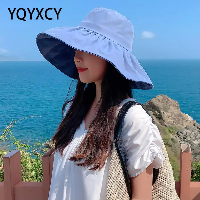 

YQYXCY Summer Hats For Women Fisherman Cap Solid Color Foldable Beach Travel Sun Hat Sunshade Gorro Wide Brim Ladies Cloth