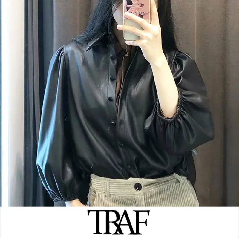 TRAF, женские винтажные стильные плиссированные укороченные рубашки из искусственной кожи, модные женские блузки из искусственной кожи с отложным воротником и пышными рукавами