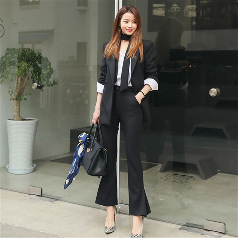 

Blazers+ol Elegant Stylish High Waist Flare Pants Suits All Match 2 Piece Sets Minimalist Slim Plus Office Lady Women Full