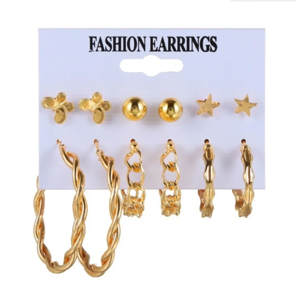 

6pcs 2021 Metal Five-pointed Star Butterfly Hollow Circle Earring Set Cute Geometric Earrings Women Party Gifts Fashion Jewelry