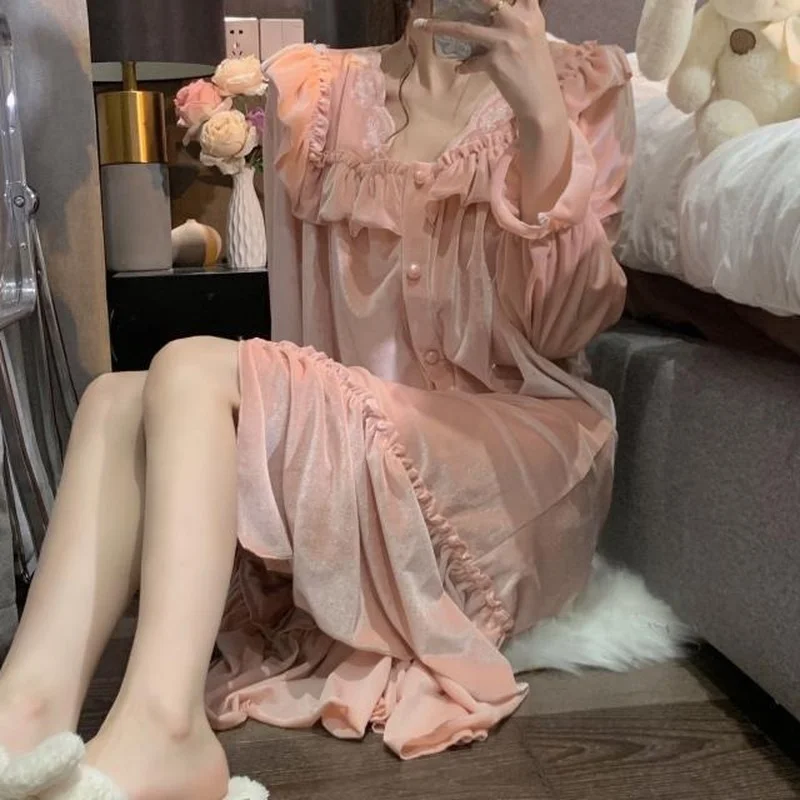 QWEEK Sleepwear Women Sexy Night Dress Winter Golden Velvet Nightgowns Nightwear Princess Style Ruffles Sleepshirts Solid Color
