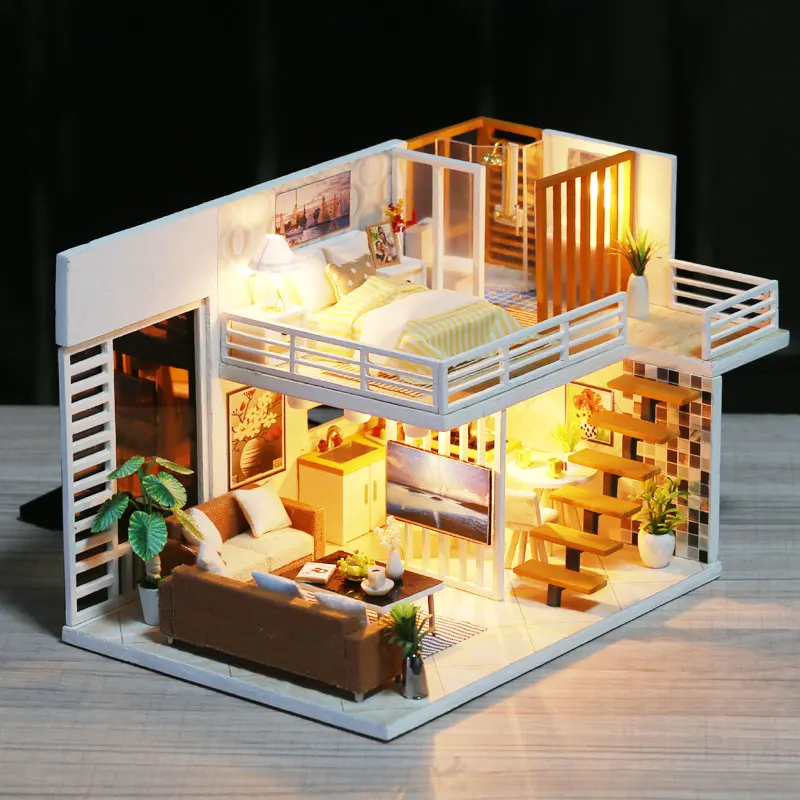 

DIY KIT House Miniature With Furniture LED Music Dust Cover Model Building Blocks Toys For Children Casa De Boneca K031