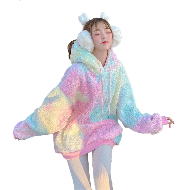 Fleece Rainbow Tie Dye Hoodie Thick Women Warm Winter Harajuku Casual Pocket Sweatshirt Oversized Long Girl Clothes Streetwear