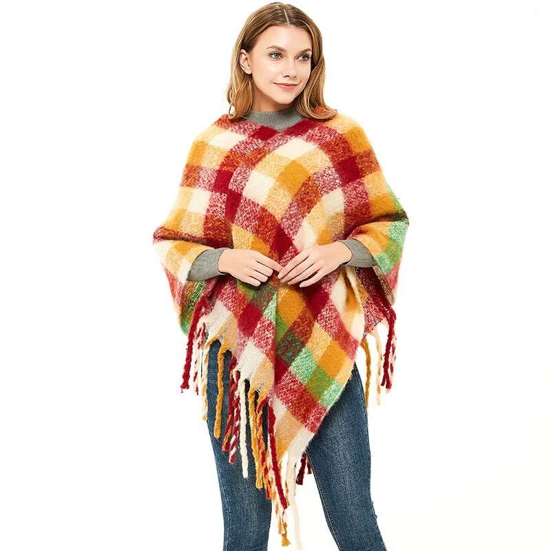 

Mujer Bufanda Circle Yarn Small Lattice Cloak Women Winter Warm Shawl With Thick Tassels Spring Autumn Muslim Hijab Foulard