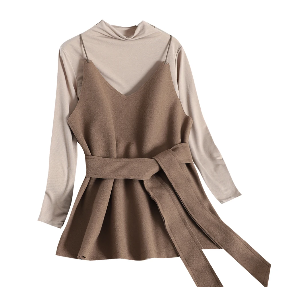 ALPHALMODA/Новинка тонкая футболка с полувысоким воротником + жилет на бретельках