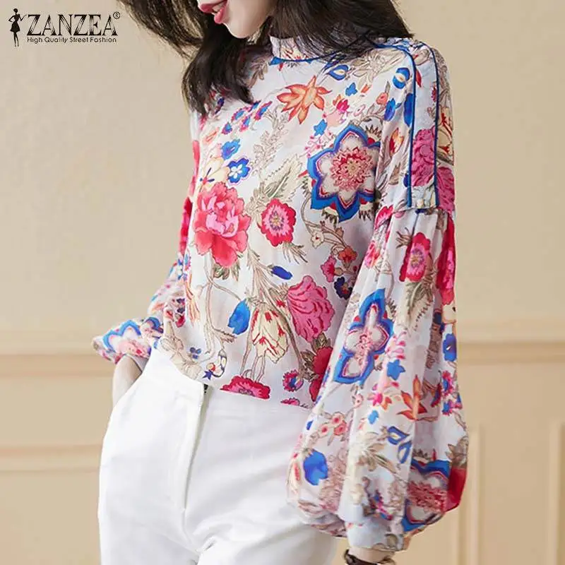 

Женская блузка с принтом, весна-осень 2021, элегантные офисные женские топы с пышными рукавами, Повседневная Уличная одежда, большие размеры, ...