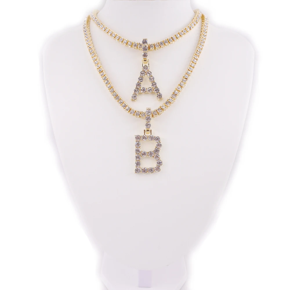 

unisex jewelry necklace men and women fashion chain 5mm 1 row tennis with big crystal stone bubble initial letters pendant charm