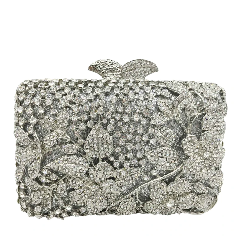 

Dazzling Women Silver Flower Hollow Out Crystal Evening Metal Clutches Small Minaudiere Handbag Purse Wedding Box Clutch Bag