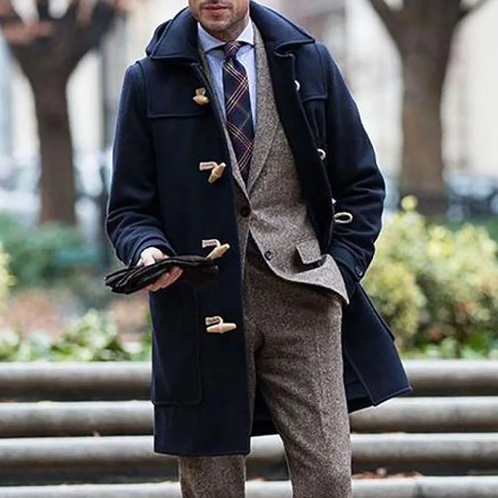 

Autumn Winter Men Casual Coat Thin Woolen Trench Coat Business Male Solid Classic Overcoat Medium Long Jackets Tops