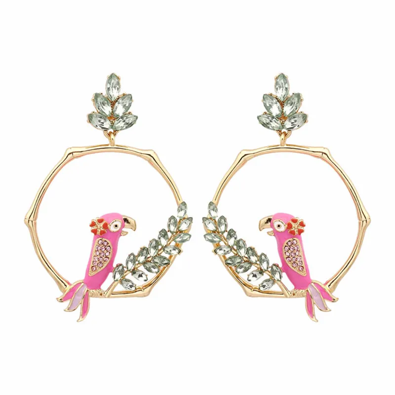 

New Fashion Trend Temperament Pink Parrot Zircon Leaf Hexagonal Earrings European Style Enamel 925 Silver Pin Stud Earrings