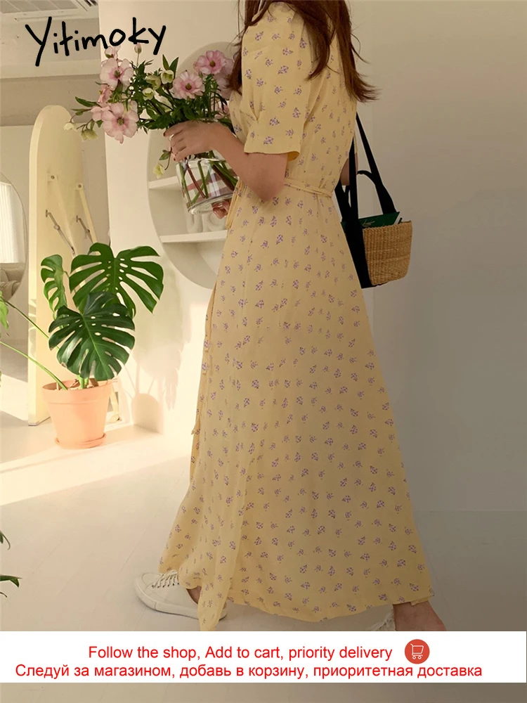 

Yitimoky Chiffon Bandage Dresses Women Print Floral Plus Size Summer Long Dress Puff Sleeve V-Neck Casual New Fashion Cotton
