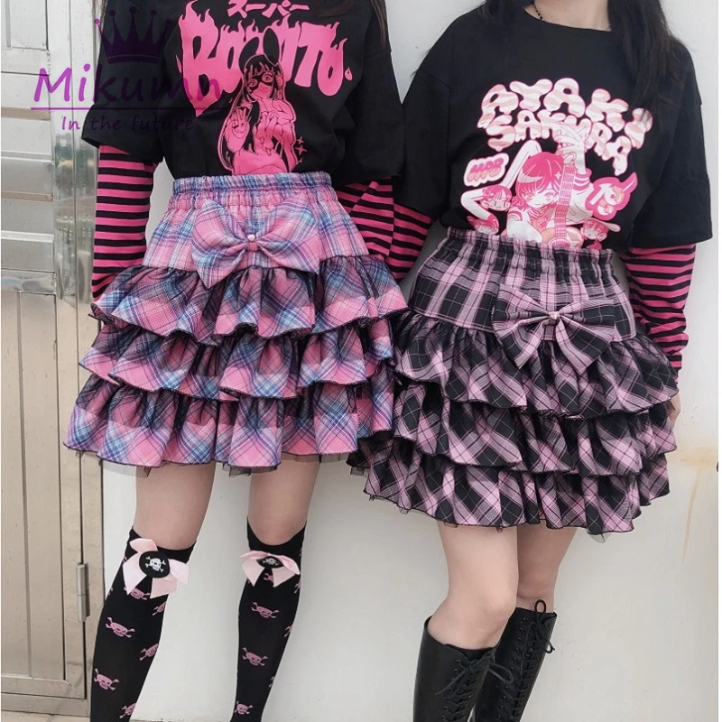 Japanese Harajuku Girls Pink Plaid Skirt Ball Gown Punk Sweet Bow Lolita Cake Mini Skirt Women Jupe Kawaii Mini Skirts