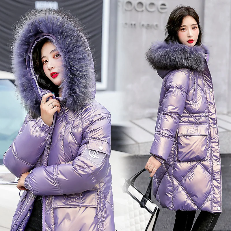 

FORERUN Glossy Winter Long Jacket Women Faux Fur Puffer Coats with Hood Cotton Padded Warm Parka Casaco Feminino Inverno