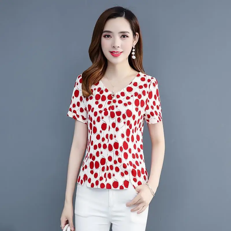 

New Women's Spring Summer Chiffon Casual Blouses Polka Dot Short Sleeve V-neck Women's Shirts Elegant Women's Tops DF3427