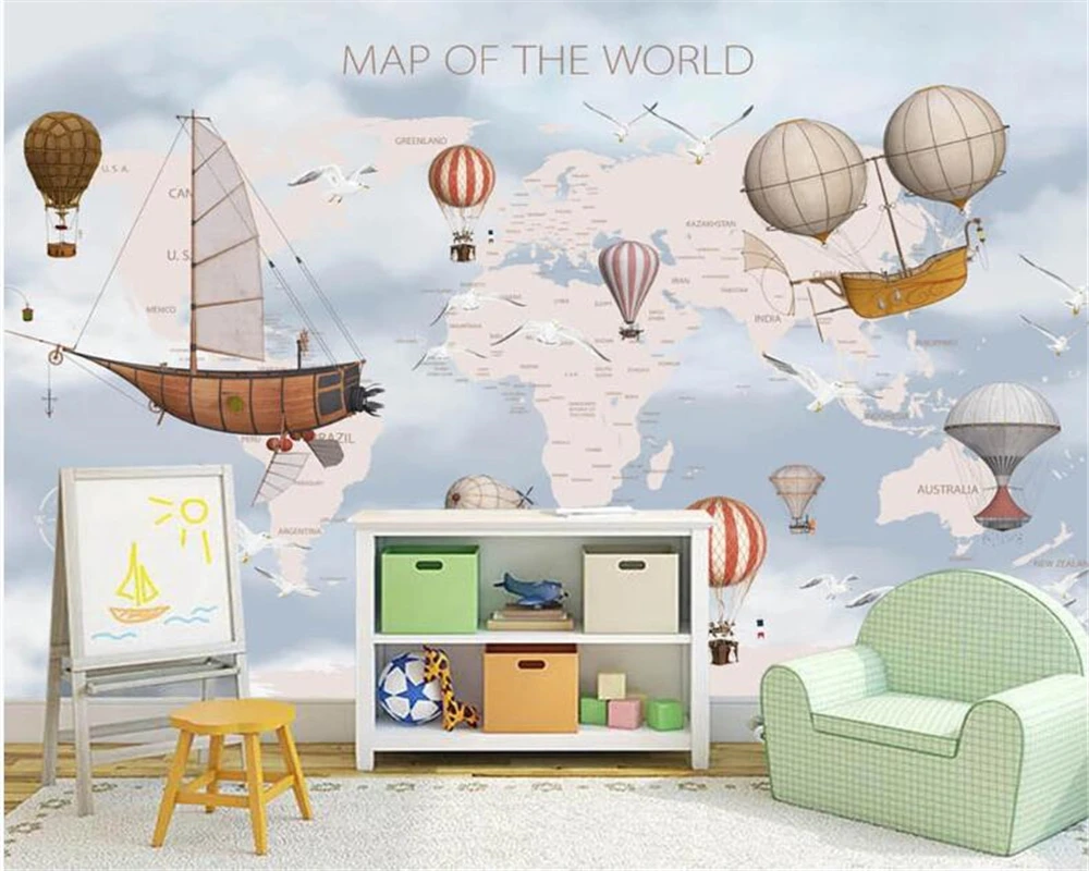 

Beibehang пользовательские обои мультфильм карта мира детская комната самолет воздушный шар фоновые обои для стен 3 d