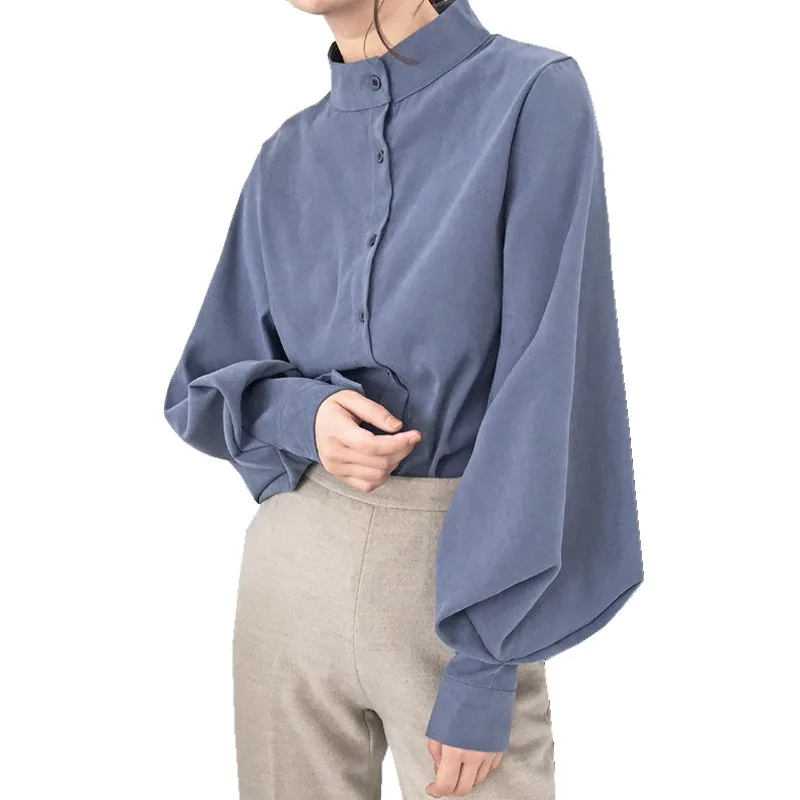 

Big Lantern Sleeve Blouse Women Spring/autumn Stand Collar Single Breasted Shirts Office Work Vintage Blouse Shirts Solid Tops